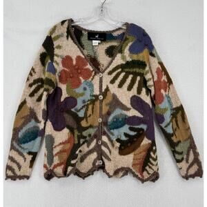 Peruvian Connection Tan Printed 100% Alpaca V Neck Cardigan Sweater Sz M